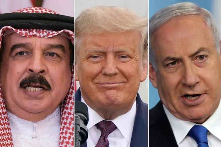 Bahrain's King Hamad bin Isa Al Khalifa, US President Donald Trump and Israeli Prime Minister Benjamin Netanyahu