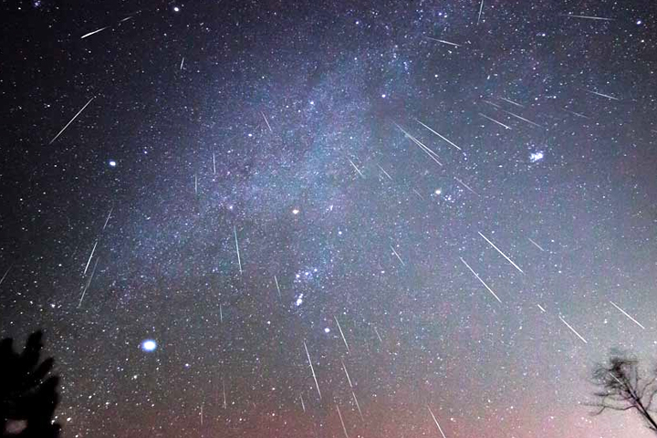 Geminidis meteor shower in the night sky from Ruski Island in the Sea of Japan in December 2017