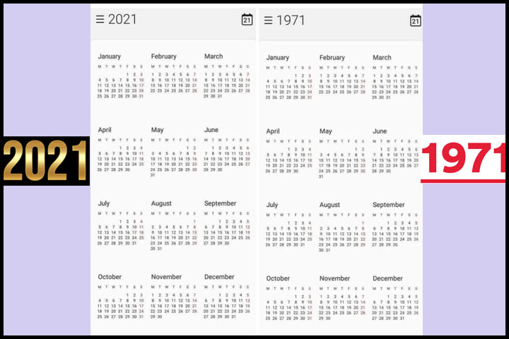 Calendar of 1971 and 2021