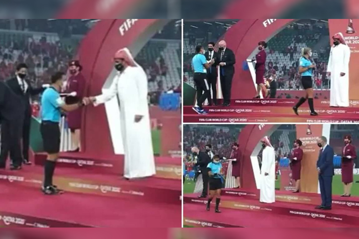 Qatari royal refuses to acknowledge female officials with a fist bump during FIFA Club World Cup awards ceremon
