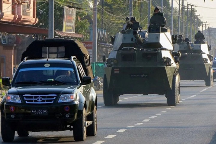 Armored vehicles on Myanmar's highways, disconnected internet connection